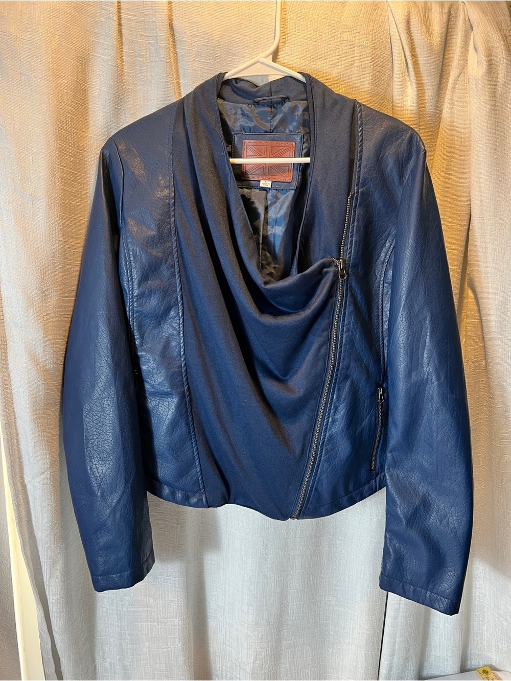 Miss London Navy Draped Faux Leather Jacket with Asymmetric Zip SIZE LARGE